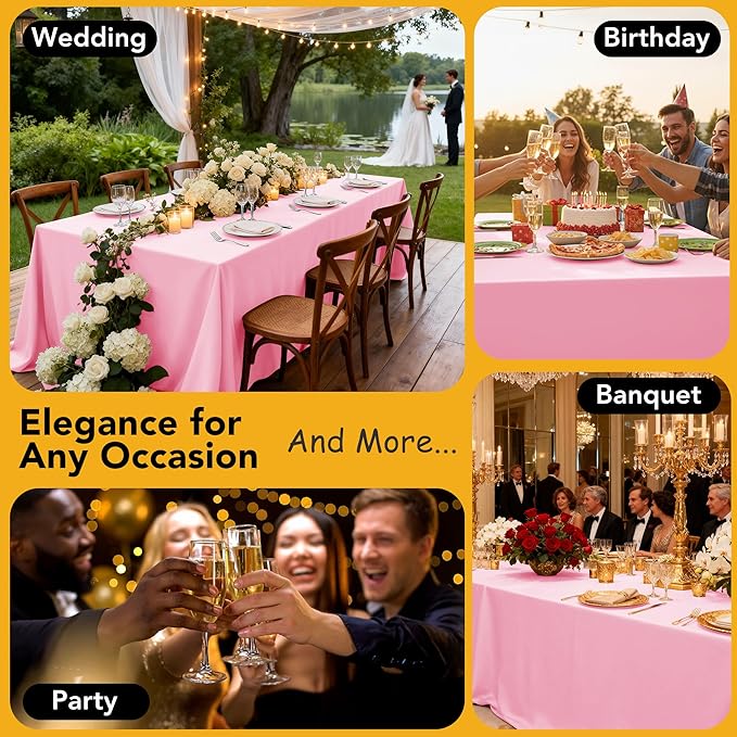 6-Pack Pink Tablecloths for Rectangle Tables, 90 x 156 Inches, Stain-Resistant Polyester Fabric for 8 Foot Tables - Washable Table Covers for Weddings, Banquets, Birthday Parties, Events