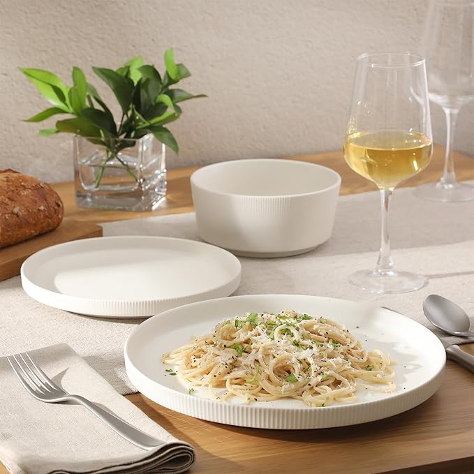 Gibson Home Dempsey Road 12-Piece Stoneware Dinnerware Set – Service for 4, Round White Plates and Bowls, Durable Solid Color Modern Embossed Dish Set, Microwave & Dishwasher Safe