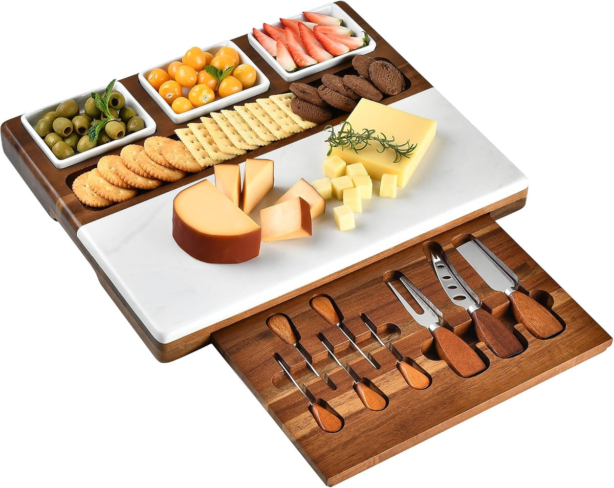 Shanik Wood - Marble Cheese Board Set with 3 Ceramic Bowls - Stainless Steel Cutlery Set, Charcuterie Board Set & Gift for Any Occasion (Without Engraving)