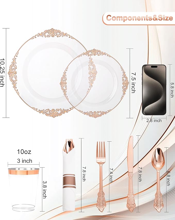 Nervure 350PCS Rose Gold Plastic Plates - Rose Gold Plastic Dinnerware Sets for 50 Guests - 100 Disposable Plates, 150 Silverware, 50 Cups, 50 Napkins for Wedding & Party