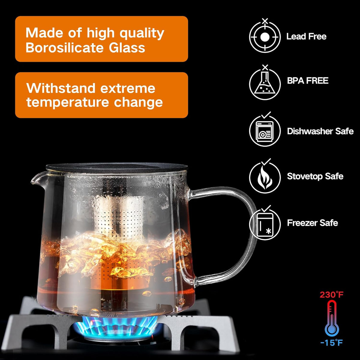 Glass Teapot 34oz/1000ml with 4 Pack Tea Cups Gift Set, Removable Stainless Steel Infuser, Heatproof Borosilicate Glass, Stovetop Safe for Loose and Blooming Leaf Tea