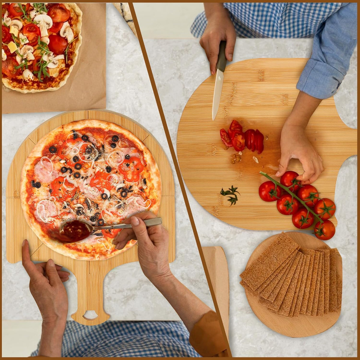 Pizza Peel Wooden, 4 Pack of 12 Inch Pizza Spatula Wood Non-Stick, Bamboo Pizza Paddle as Cutting Board with Cutting Grooves for Easy Pizza and Bread Making