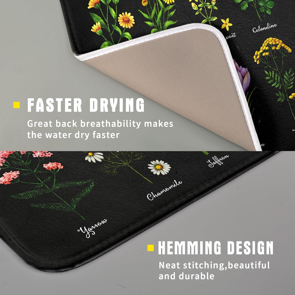 Black Flower Herbs Dish Drying Mat 16x18 Inch Botanical Floral Microfiber Drying Mats with Hanging Loop Foldable Absorbent Dish Drainer Rack Pad