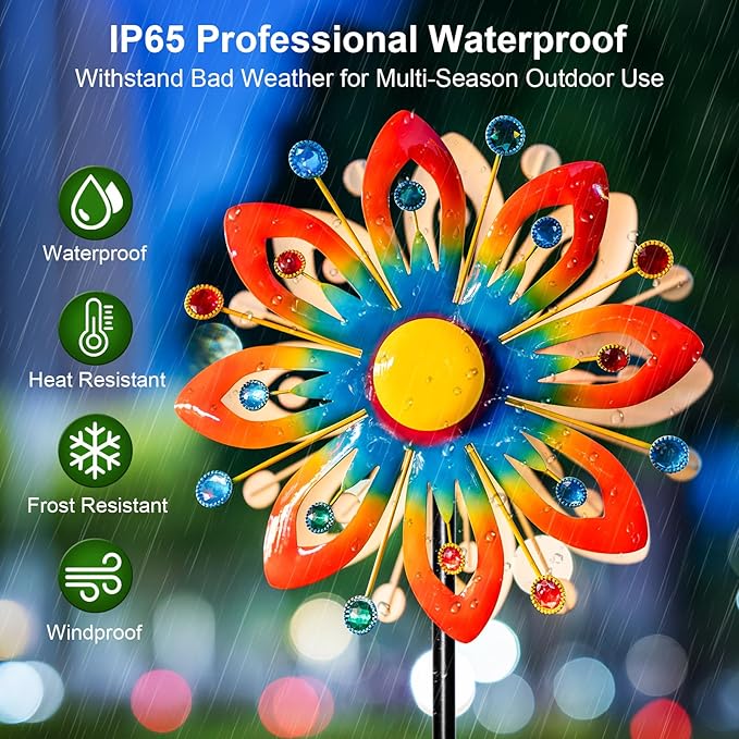 Solar Wind Spinner Outdoor Metal Garden Decor – 60.63'' Kinetic Flower Sculpture with Color-Changing LED Crackle Glass Ball & Gemstone, Waterproof Wind Catchers for Patio, Yard, Lawn Art Decoration