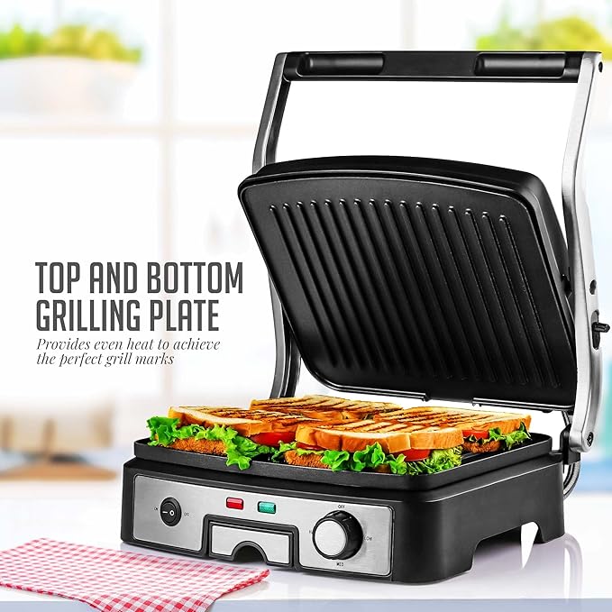 OVENTE Electric Panini Press Sandwich Maker, 1500W Indoor Grill with Non-Stick Coated Plates, Temperature Control & Removable Drip Tray, Opens 180 Degrees to Fit Any Type/Size of Food, Silver GP1861BR