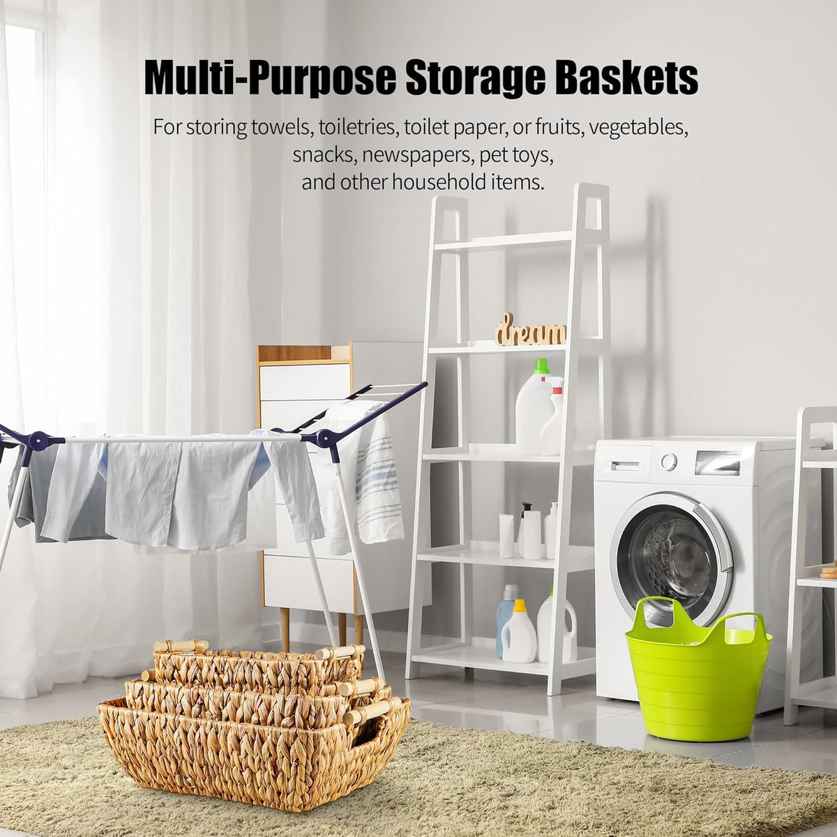Woven Storage Baskets – Set of 3 Handwoven Water Hyacinth Wicker Baskets with Wooden Handles for Organizing, Decorative Baskets for Laundry Room, Home Decor - Large, Medium & Small