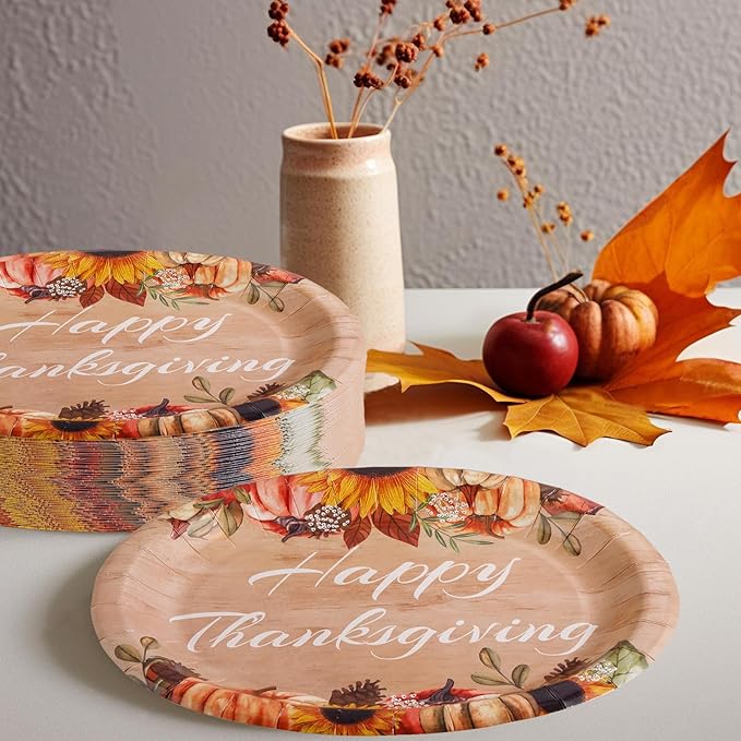 WDF 50Pack Thanksgiving Paper Plates - 10" x 12" Oval Paper Plates Dinner Size Large Disposable Platter Heavy Duty For Happy Thanksgiving Serving Tray Autumn Fall Harvest Party Supply