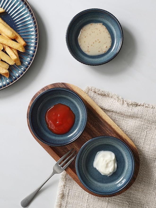 famiware Starlight Soy Sauce Dish Ceramic Dipping Bowls Set of 6, 3 oz Individual Dip Sauce Cups/Bowls/Dishes/Plates, Small Serving Bowl for Side Dishes, Dessert, Ice Cream, Condiment, Starry Blue