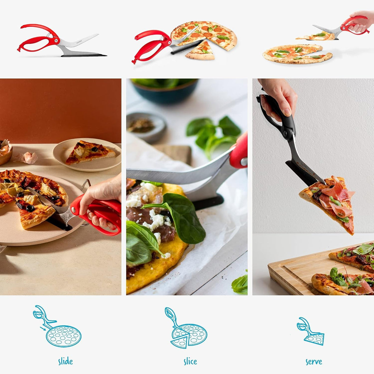 Dreamfarm Scizza 2-In-1 Easy Ergonomic Pizza Scissors with Stainless Steel Pizza Cutter Blades & Non-Stick Slice Server - Red