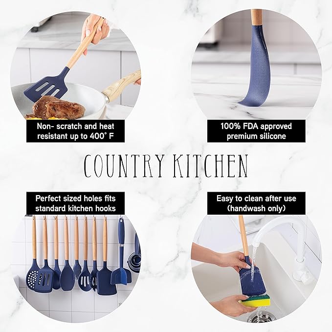 Country Kitchen Non Stick Silicone Utensil Set with Rounded Wood Handles for Cooking and Baking, 38 Piece Set, Navy