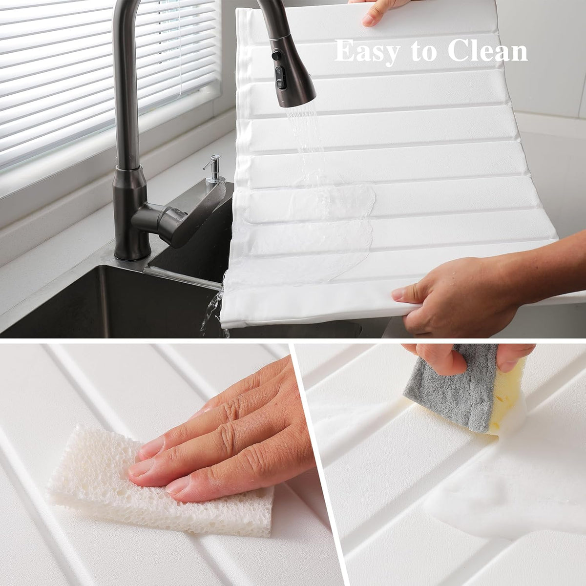 Stone Drying Mat for Kitchen Counter, Collapsible Diatomaceous Earth Dish Drying Mats, Supe Absorbent Quick Dry Stone Mat Kitchen，PU Leather Surface Removable and washable (White, 23.6”x15.4”)