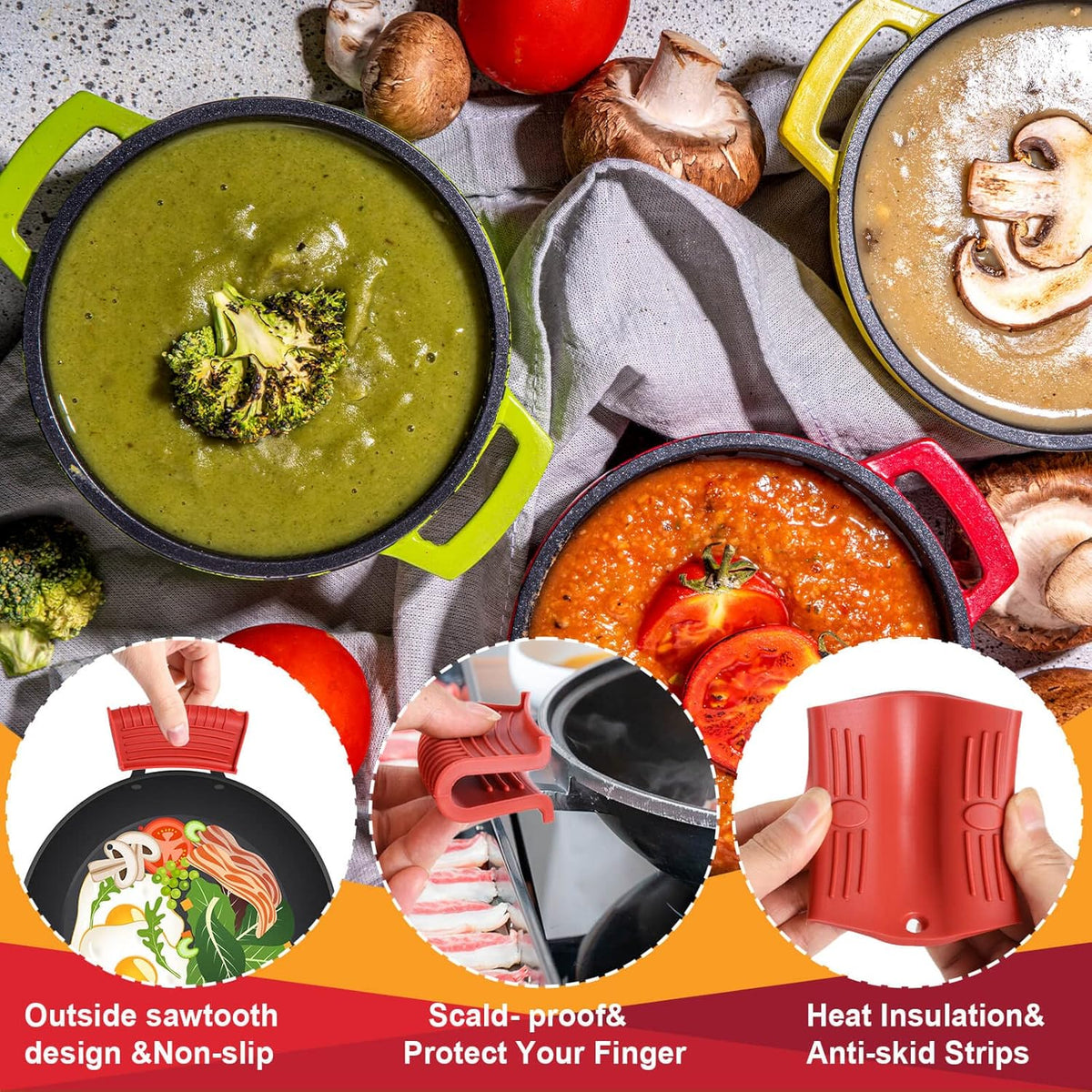 2 Pcs Cast Iron Handle Cover, Silicone Hot Handle Holder, Heat Resistant Cast Iron Skillet Covers Potholder for Frying Pans and Griddles Kitchen Supplies