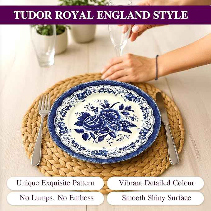 Tudor Royal 12-Piece Porcelain Round Dinnerware Set, Service for 4, Victoria Blue Design, Blue Floral, Plates Bowls Dishes, Glossy, Premium Quality Tableware, Unique Pattern