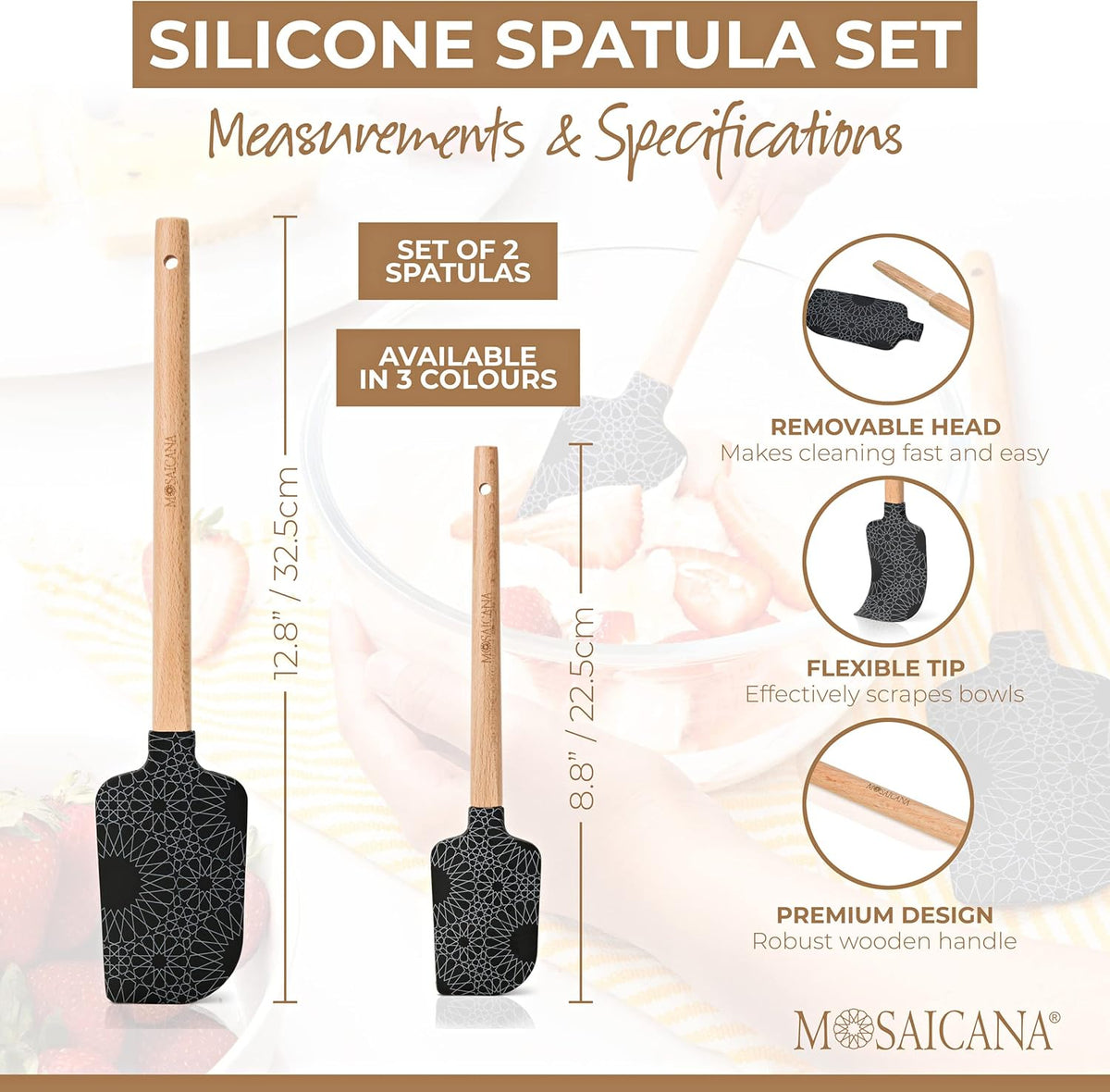 Silicone Spatula set of 2 with wooden handle and stunning pattern (Black)