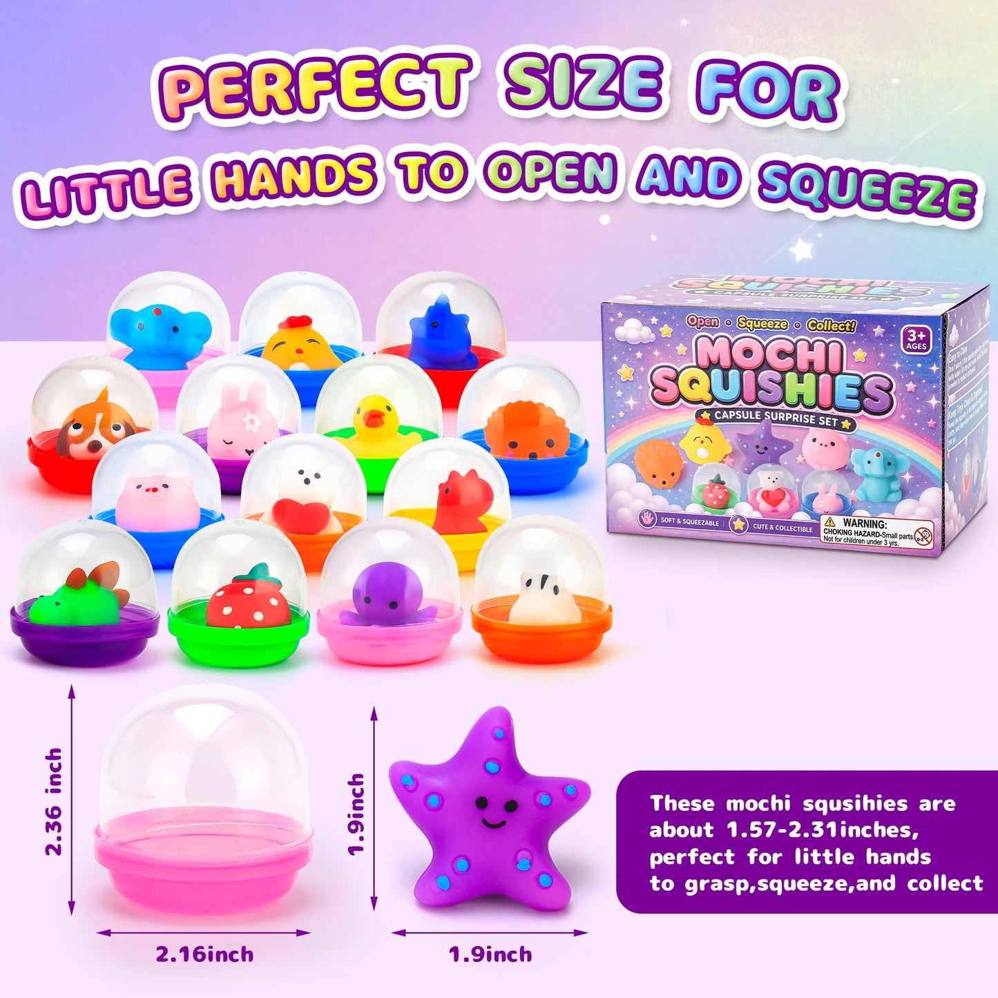 15 Mochi Squishy Toys with 15 Reusable Capsules | On-the-Go Sensory Play, Mess-Free Storage | Perfect Party Favors, Classroom Prizes, Goodie Bag Stuffers, Travel Toys for Kids