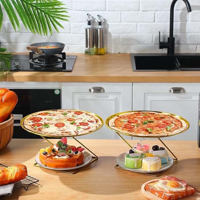 12 Pcs Pizza Stand Set: 4 Metal Stands, 4 Pizza Pans, 4 Spatulas for Weddings, Party(Gold,Square)