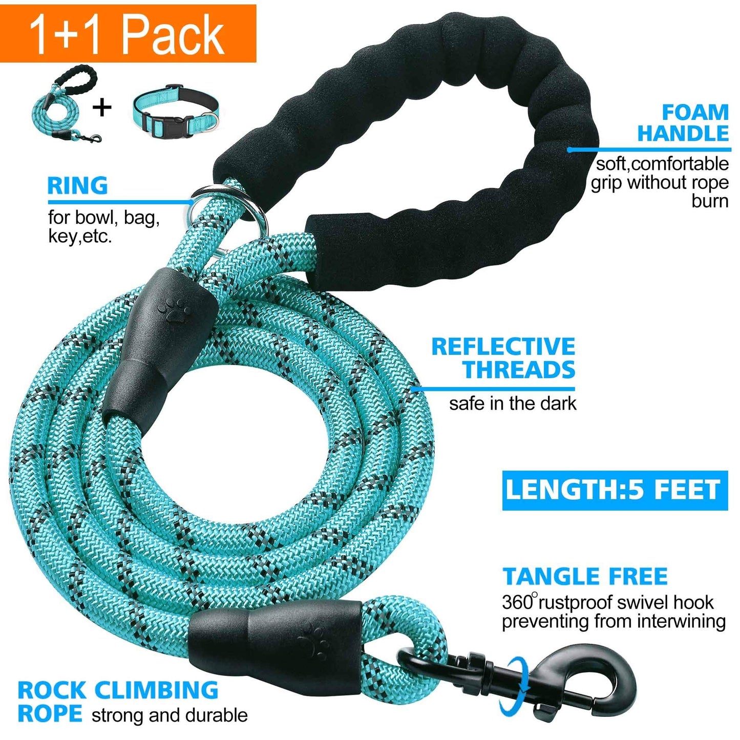Ladoogo Reflective Dog Collar Padded with Soft Neoprene Breathable Adjustable Nylon Dog Collars for Small Medium Large Dogs (Medium (Pack of 1), Turquoise Collar+Leash)