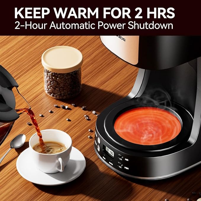 12-Cup Drip Coffee Maker with Reusable Filter,Programmable Clock,Auto Brew,Water Window,Keep Hot Plate,Glass Carafe,Compact Design for Kitchen,Office,Silver and Black,Stainless Steel