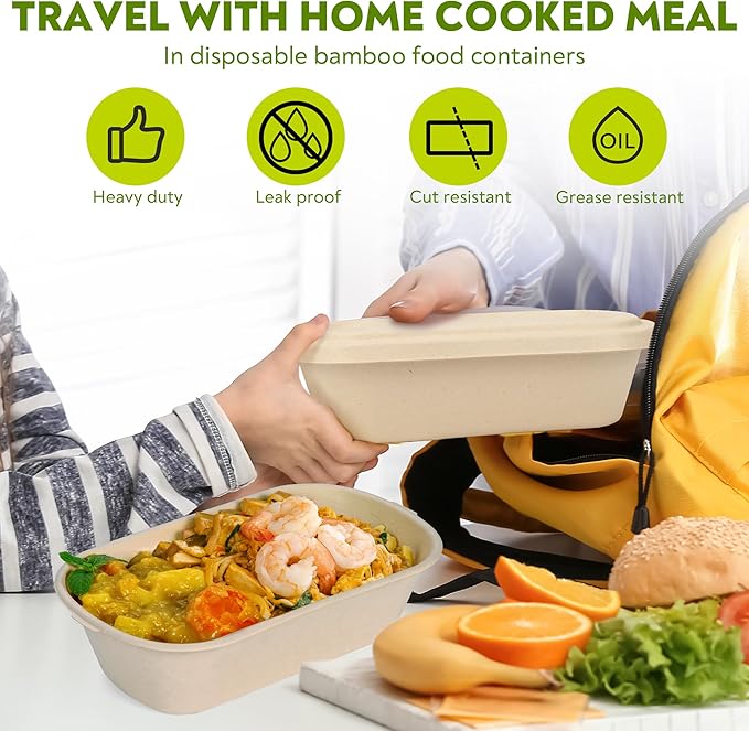 37 Oz Bamboo Disposable Food Containers, 50 Pack - Heavy Duty, Microwavable, Oven Safe - Perfect For Meal Prep, Salads, Lunch, To Go Food - Biodegradable (Brown)