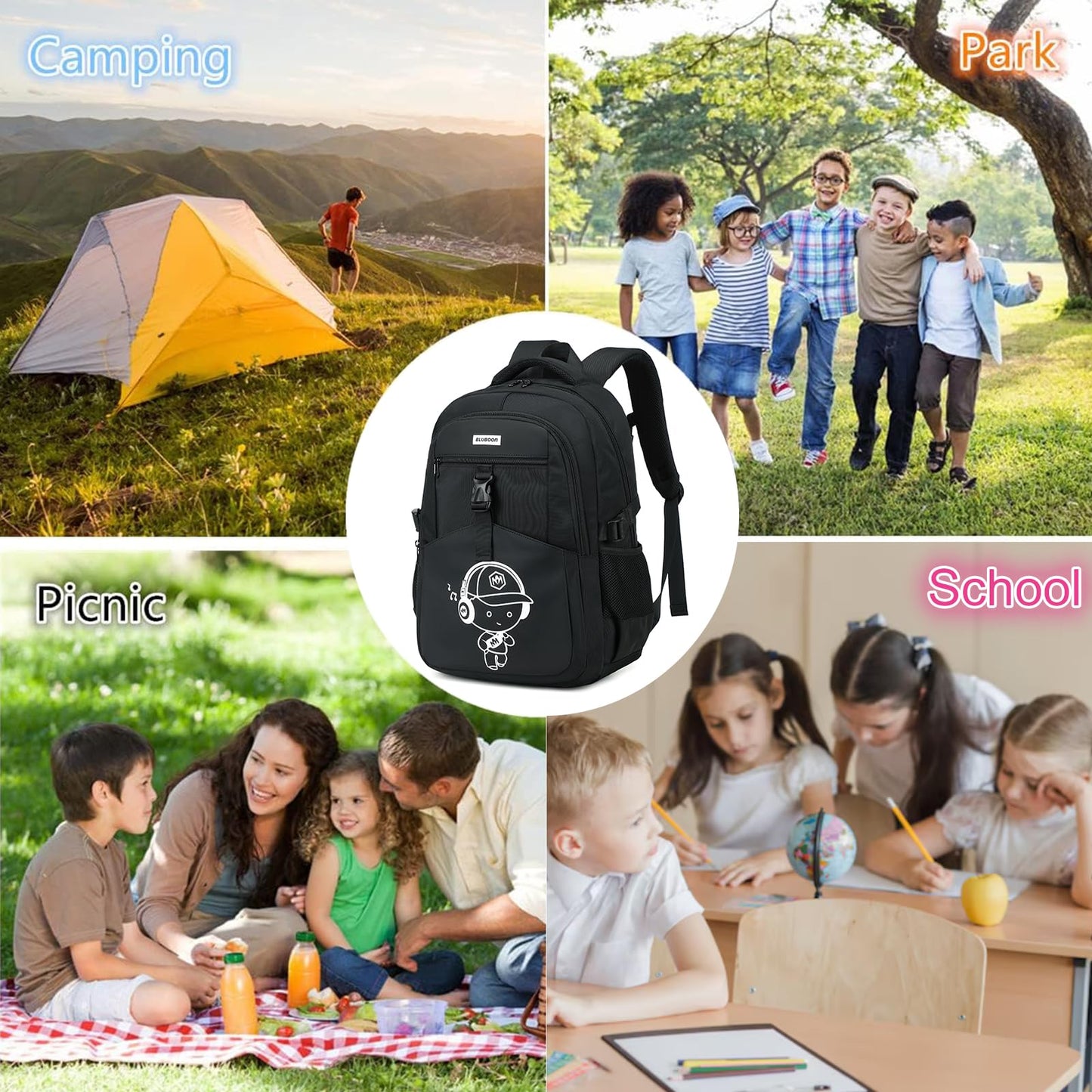 Bluboon Kids Backpack Boys Camo Bookbag Teens Elementary School Bag Daypack Travel Back Pack Middle school (Black-900)