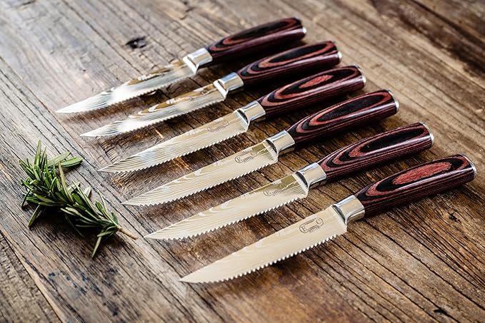Majesty Series Professional Steak Knife Set with Damascus Pattern - Razor Sharp Serrated Stainless Steel with Wooden Handle (Set of 6 Steak Knives)