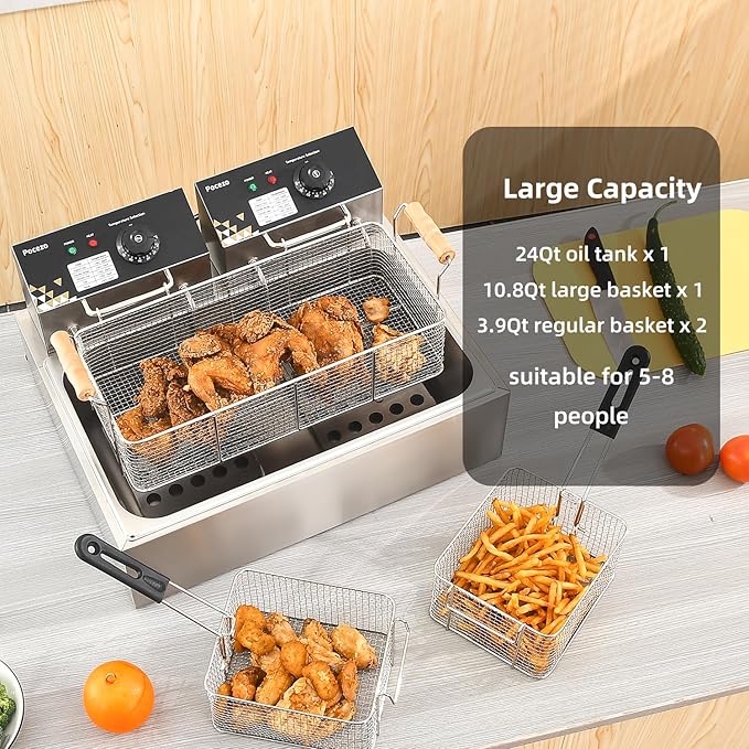 Electric Deep Fryer 22.6L/24QT Stainless Steel Large Capacity Commercial Fryer with Basket, 3400W 110V Countertop Deep Fryer for Home Kitchen and Restaurant Use withTemperature Control