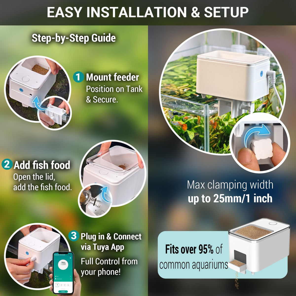 Smart WiFi Fish Feeder, Automatic with App Remote Control, 100ml Tank, USB Powered, Anti-Jam and Moisture-Proof, Clip-On Design for Aquarium