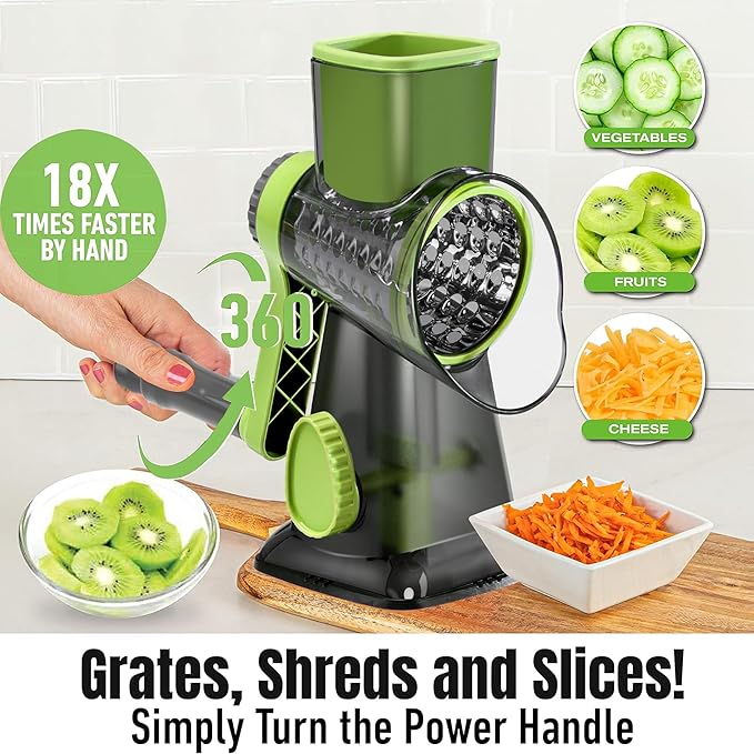 Cheese Grater Hand Crank Rotary Vegetables Shredder with Handle, 3-in-1 Graters with Interchangeable Blades and Strong Suction Base Multifunctional Slicer for Kitchen,green