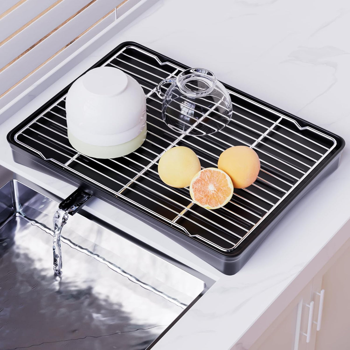 304 Stainless Steel Dish Drying Rack- Space-Saving Dish Rack, Dish Racks for Kitchen Counter, Fruit and Vegetable Drain,11.8''W x 16.5''L, Black