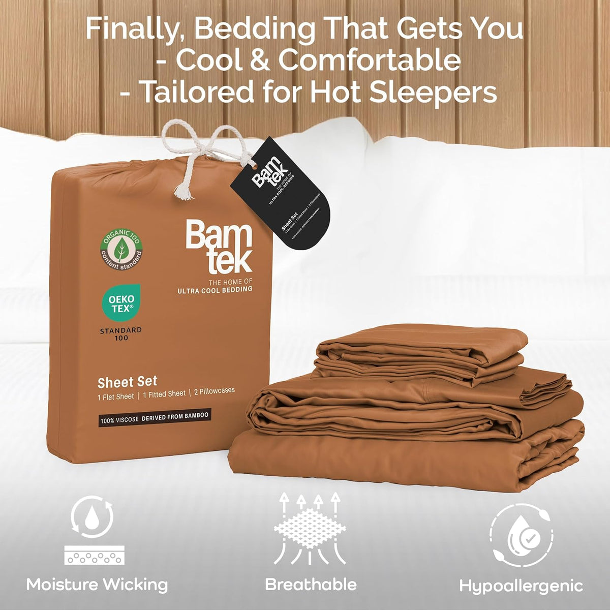 100% Viscose from Bamboo Sheets California King Size, Super Soft Bedding Set, 4PC Cooling Sheets for Hot Sleepers, Vegan Silk Moisture Wicking, Organically Grown Bedsheet, Almond - 72" x 84"