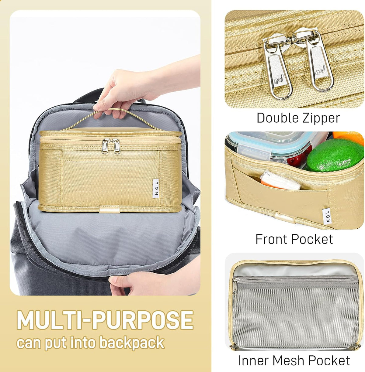 NOL Natural Organic Lifestyle Small Lunch Bag Mini Lunch Box Insulated Lunch Bag for Men/Women Leakproof Cooler Tote Bag Lightweight Nylon Waterproof Lunch Box For Work,Gold