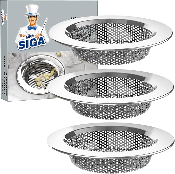 MR.SIGA Kitchen Sink Strainer, Stainless Steel Sink Drain Strainer, Dishwasher Safe, Outer Diameter 4.4 inch/11.2cm, Inner Diameter 3 inch/7.6cm, Pack of 3