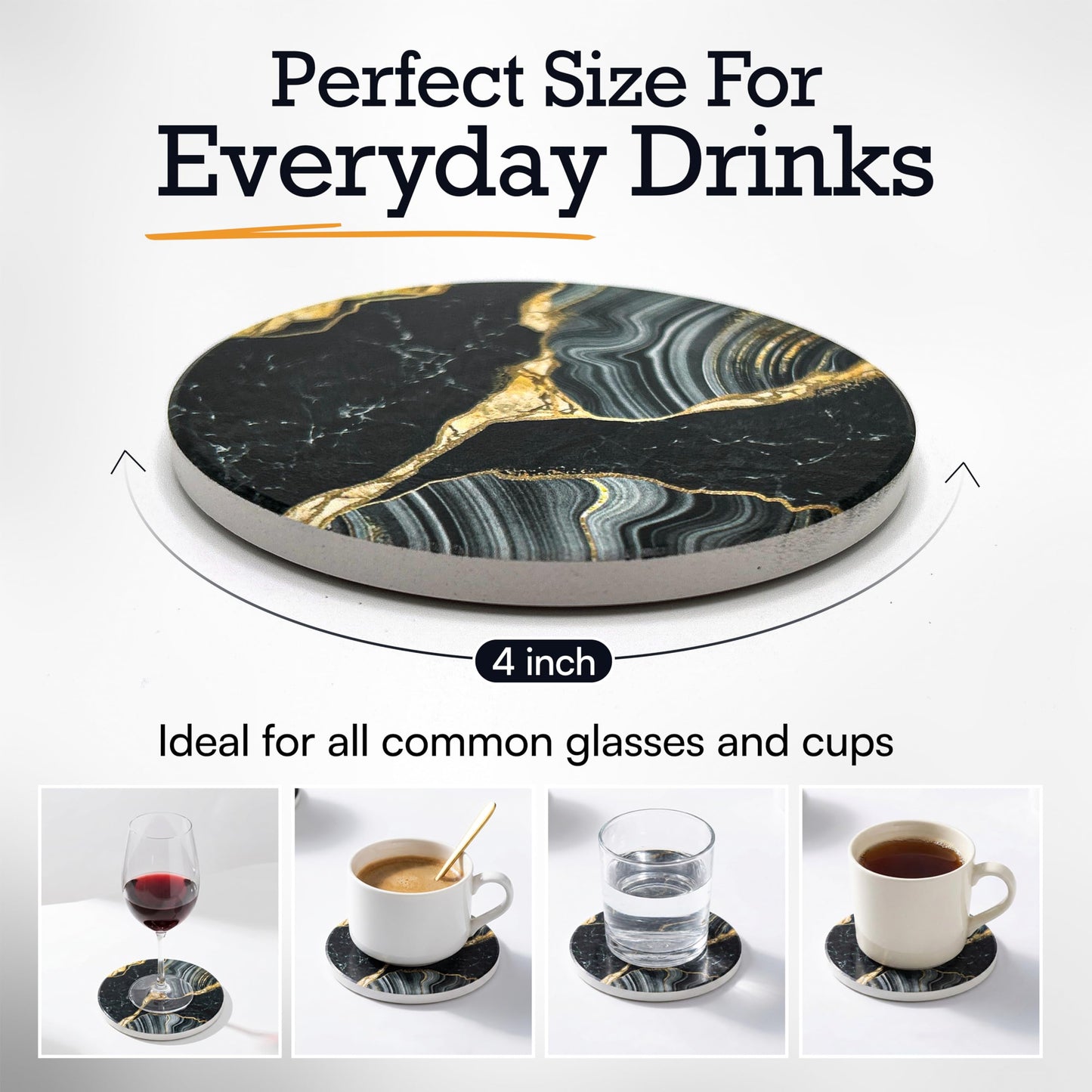 Elegant Black & Gold Marble Ceramic Coasters - Set of 6 with Gold Metal Holder - Round Drink Coasters for Coffee, Tea, Whiskey, Wine - Stylish Home & Kitchen Decor