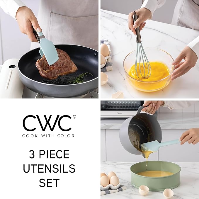 COOK WITH COLOR Stainless Steel Silicone Tipped Kitchen & BBQ Tongs Set, 3 Pc Utensils, Green