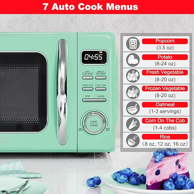 Galanz GLCMKZ09GNR09 Retro Countertop Microwave Oven with Auto Cook & Reheat, Defrost, Quick Start Functions, Easy Clean with Glass Turntable, Pull Handle.9 cu ft, Green