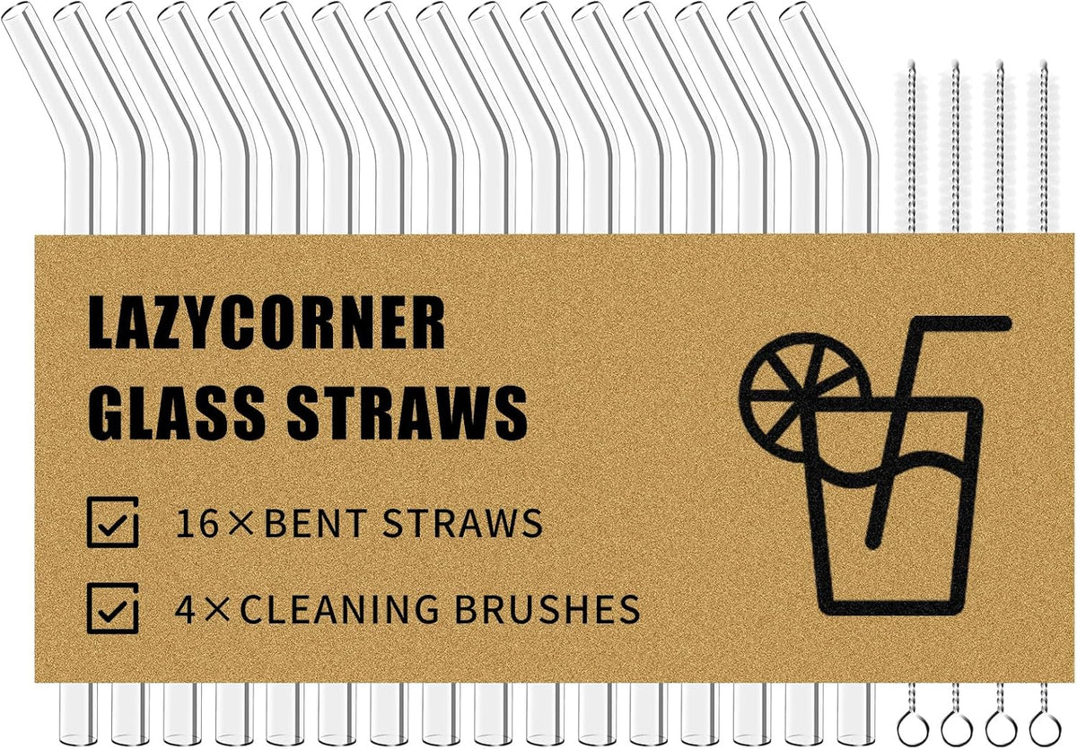 Lazycorner Reusable Glass Straws Set 16 Pcs 8.5''x 10MM Bent Clear Glass Drinking Straws, Set of 16 Bent with 4 Cleaning Brushes. Reusable Straws Perfect For Smoothies, Tea, Juice-Clear Cocktail.