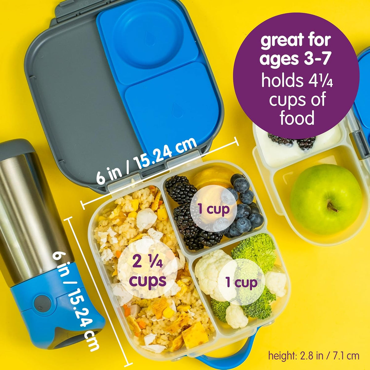 b.box Mini Lunch Box, Bento Box for Kids, Snack Container with 2 Leak Proof Compartments, Reusable Snack Containers with Lids, Kids Lunch Boxes Ages 3+, BPA Free, 4 1/4 Cup Capacity (Lemon Twist)