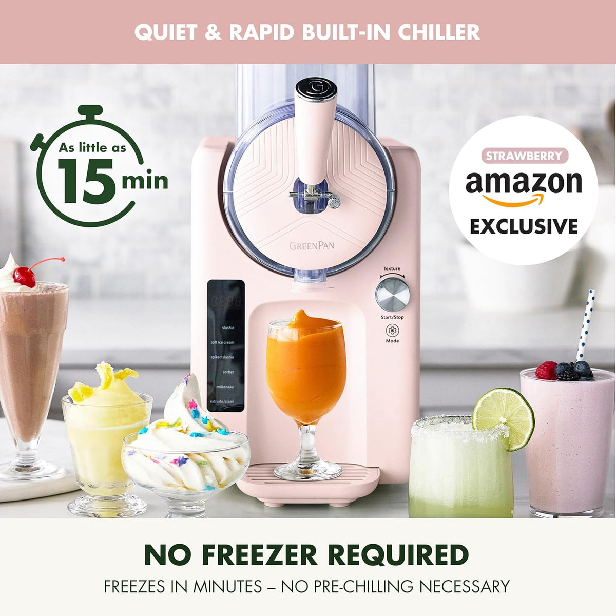 GreenPan Frost Ice Cream Machine & Frozen Drink Maker, Soft Serve, Slushie, Milkshakes & Cocktails, No Freezer Needed, 15-in-1, 7 Textures, Quiet & Rapid, Easy Clean, Family Size, Strawberry Pink