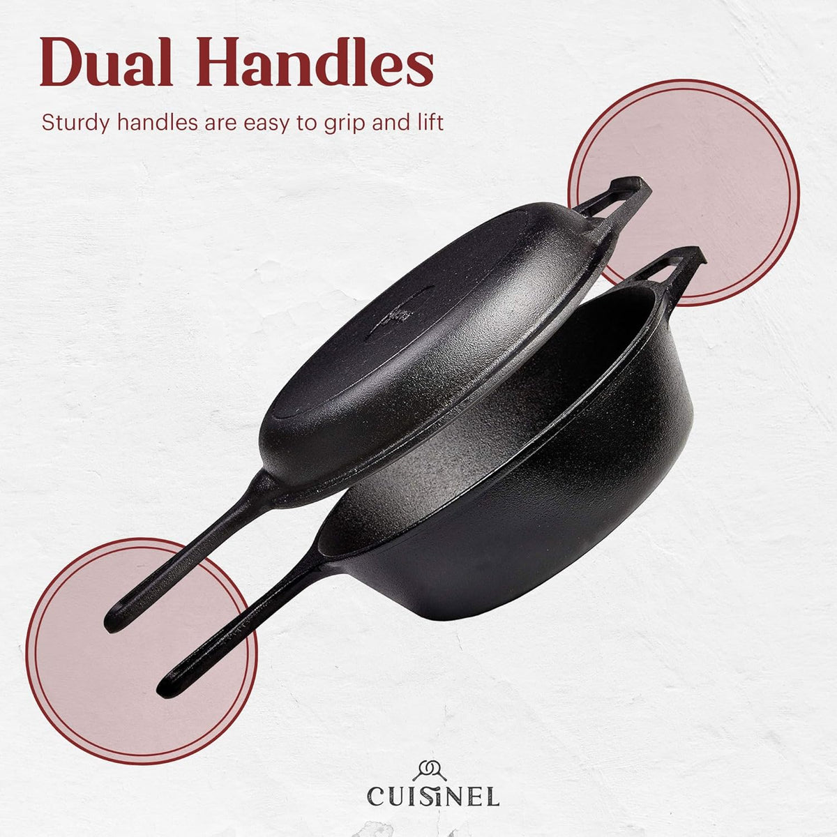 Cuisinel Cast Iron Skillet + Lid - 2-In-1 Multi Cooker - Deep Pot + Frying Pan - 3-Qt Dutch Oven - Pre-Seasoned Oven Cookware - Works for Bread, Indoor/Outdoor, Grill, Stovetop and Induction