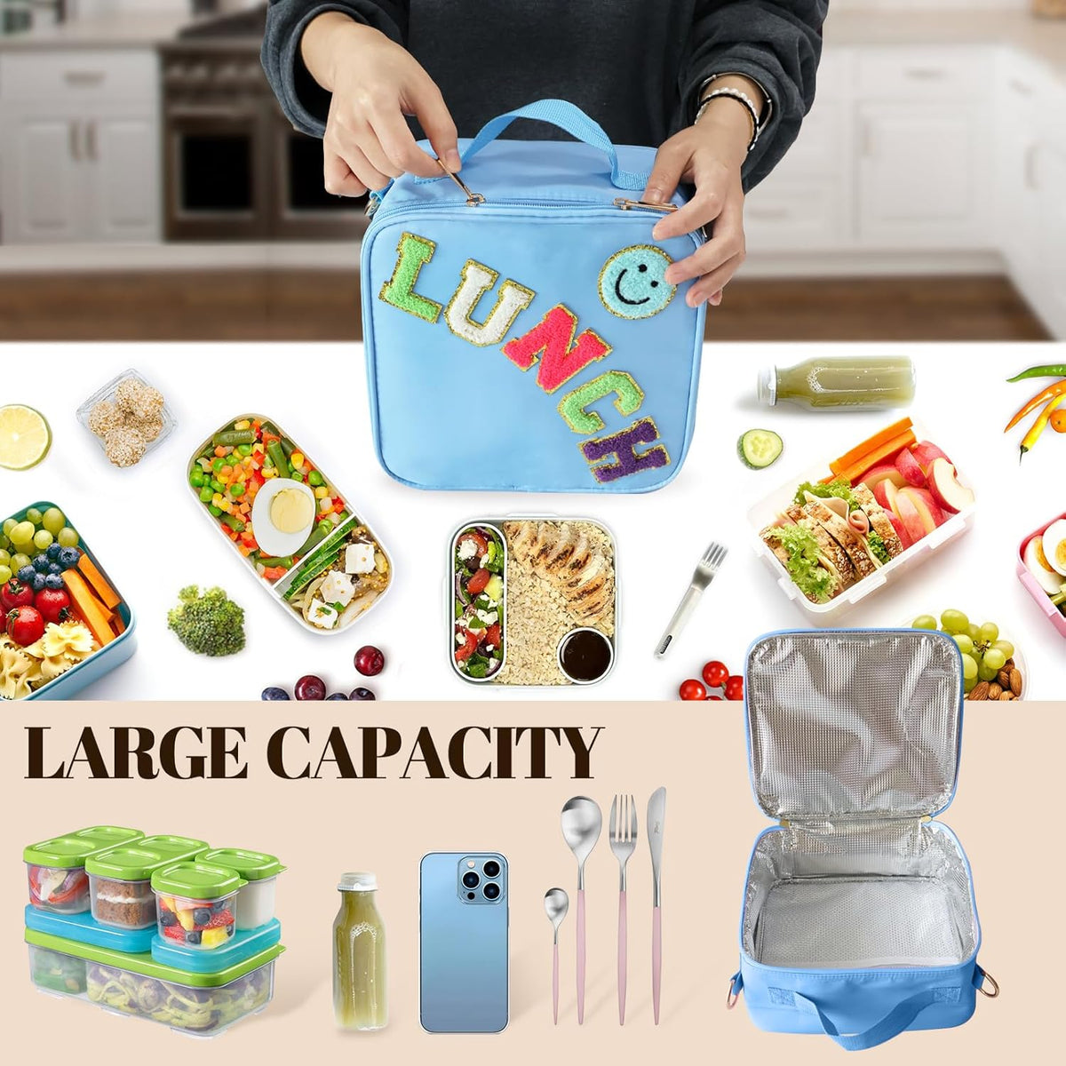 Insulated Lunch Bag With Adjustable Shoulder Strap, Nylon Preppy Lunch Box Large Insulated Lunch Bag Reusable Lunch Tote Bag with Smiley Preppy LunchBag for Girls School Travel Picnic (Dark blue)