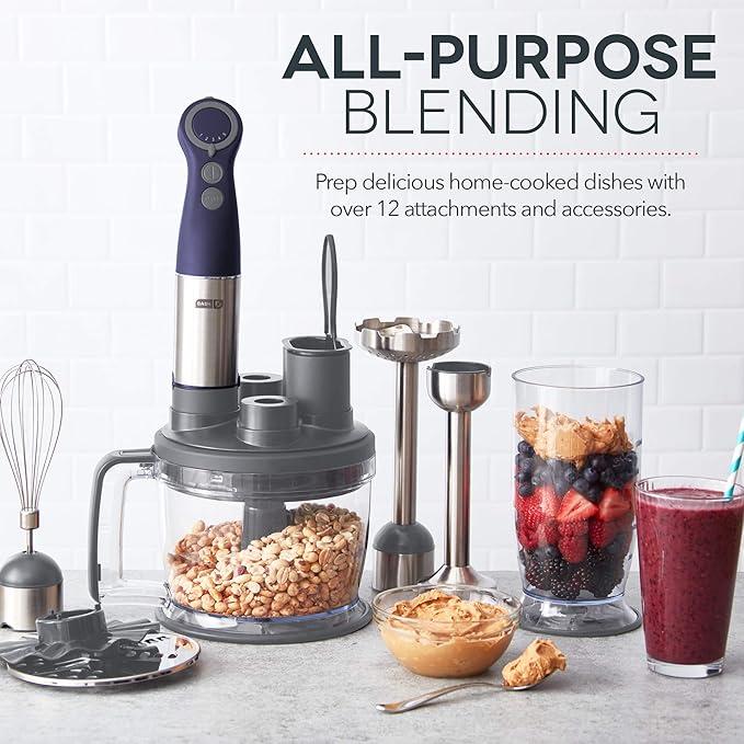 Dash Chef Series Deluxe Immersion Hand Blender, 5 Speed Stick Blender with Stainless Steel Blades, Dough Hooks, Food Processor, Grate, Mash, Slice, Whisk Attachments and Recipe Guide – Midnight