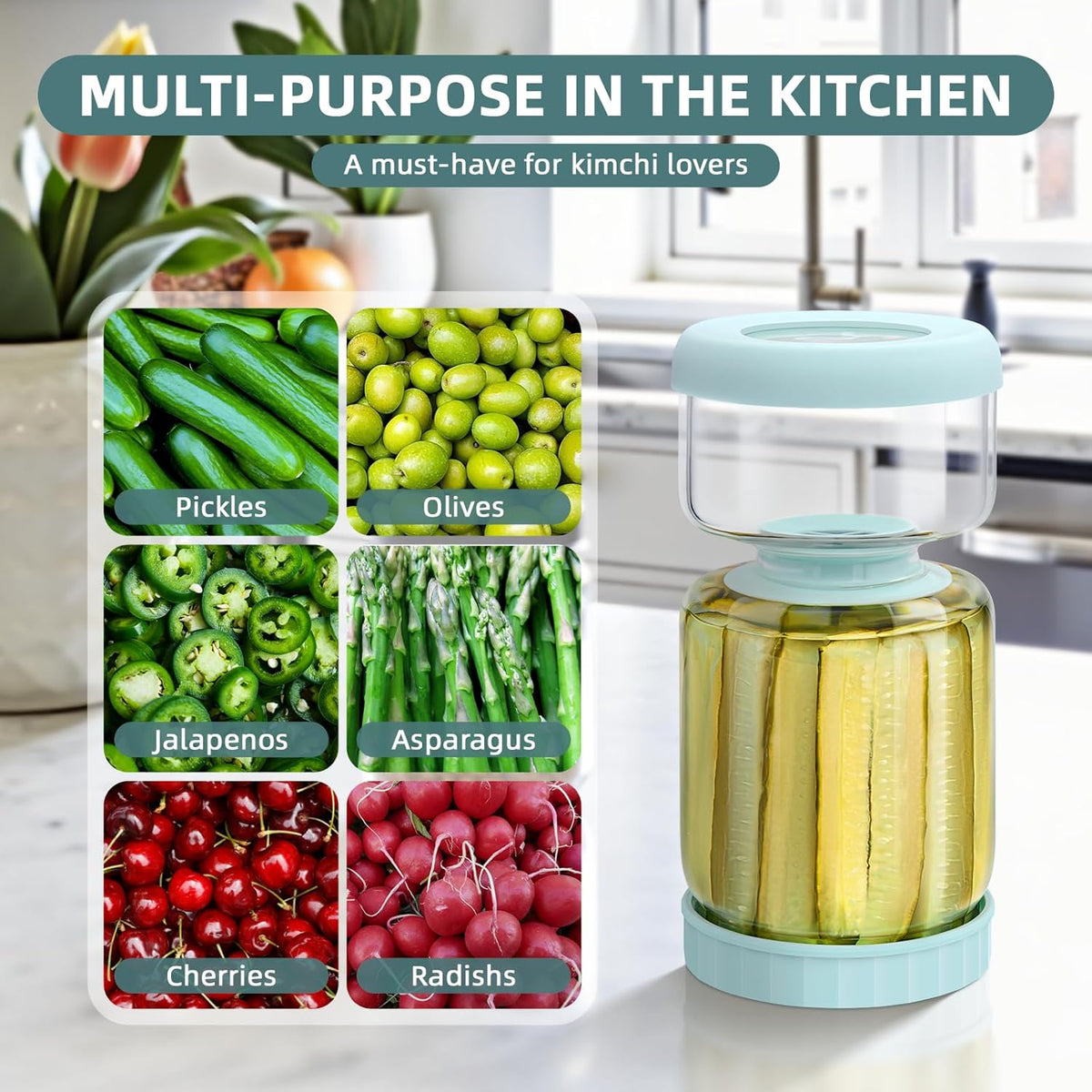 Luvan Hourglass Pickle Jar with Strainer Flip - 46oz Glass Container for Pickles, Olives & Jalapenos, Leakproof Airtight Lid, BPA-Free Juice Separator, Dishwasher Safe Storage Solution