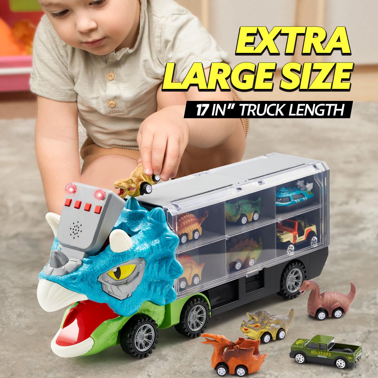 JOYIN 13 in 1 Dinosaur Toys for Kids 3-5, Triceraptor Dinosaur Truck with 12 Pull Back Cars, Birthday Gifts Toys for 3 4 5+ Year Old Boy, Transport Carrier Truck