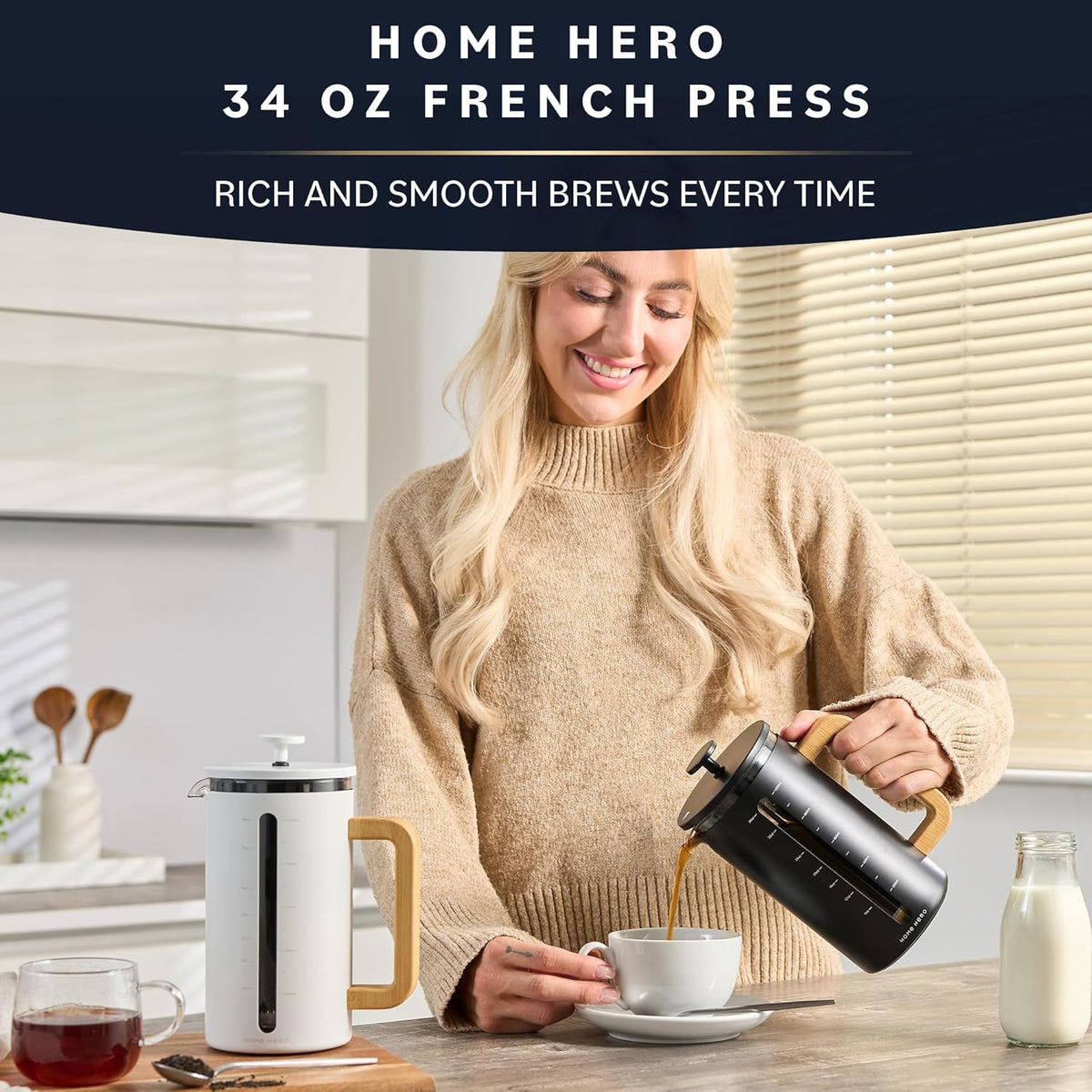 Home Hero French Press Coffee Maker - 34 oz Coffee Press with Bamboo Wood Handle, Heat Resistant Thick Borosilicate Glass French Presses, 4 Layer Filter, French Press Stainless Steel (Light Cream)