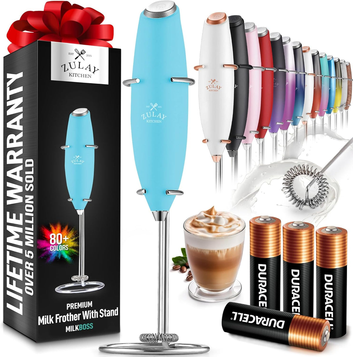 Zulay Powerful Milk Frother (4 Duracell Batteries Included) - Handheld Milk Frother Wand Drink Mixer for Coffee - Powerful Milk Foamer for Cappuccino, Frappe, Matcha & Coffee Creamer - Fresh Mint
