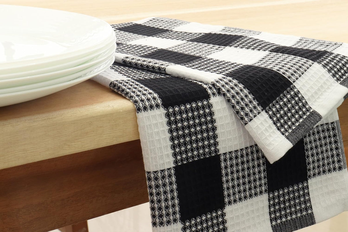 PurpleEssences 100% Cotton Waffle Weave Check Plaid Kitchen Towels, Super Soft and Absorbent Dish Towels for Drying Dishes 15 x 25-6 Pack - Spring Summer - Black and White