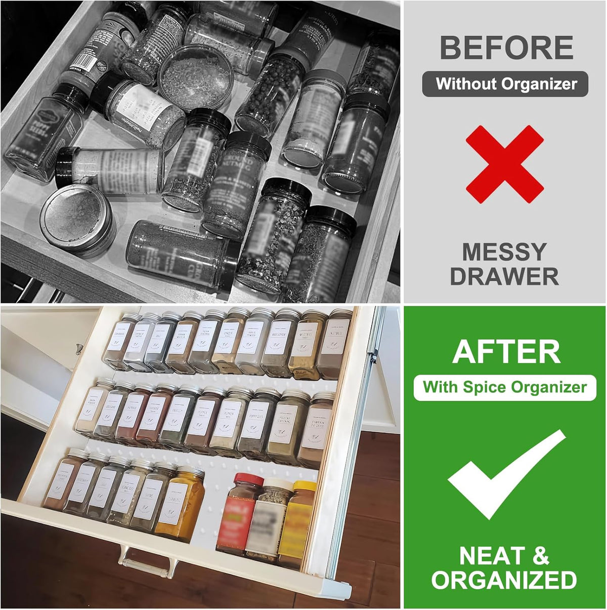 Gosmol Spice Drawer Organizer insert, Adjustable & Non-Slip Silicone Spice Drawer Liner, in Drawer Spice Organizer for Seasoning Jars and Spices Bottles -White