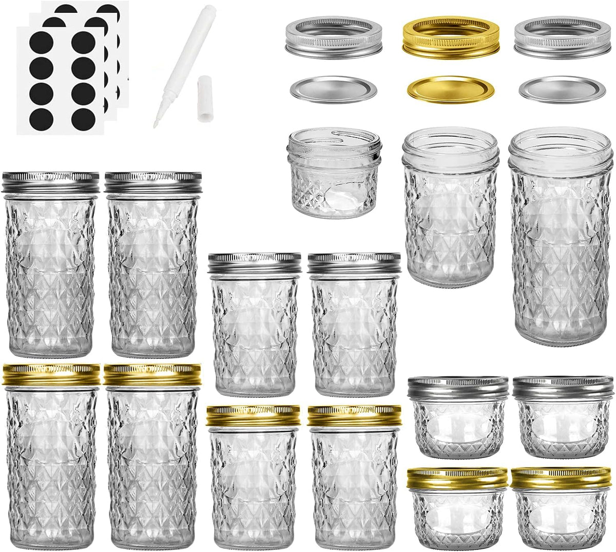 12 Pack Glass Mason Canning Jars With Regular Lids, Ideal for Jam, Jelly, Honey, Wedding Favors, Shower Favors, Baby Foods, DIY - 4 OZ x 4, 8 OZ x 4, 12 OZ x 4
