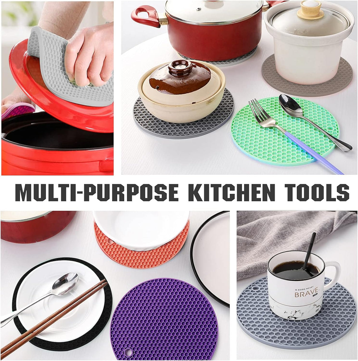 Joyhalo Trivets for Hot Dishes - Hot Pads for Kitchen, Silicone Pot Holders for Hot Pots and Pans, Silicone Mats for Kitchen Countertops, Table, Flexible Easy to Wash and Dry, Khaki