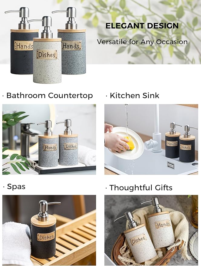 Hand and Dish Soap Dispenser Set, Ceramic Kitchen Soap Dispenser for Bathroom Lotion, Body Wash, Includes Instant Dry Tray, Collapsible Funnel, 15 Oz, Gray